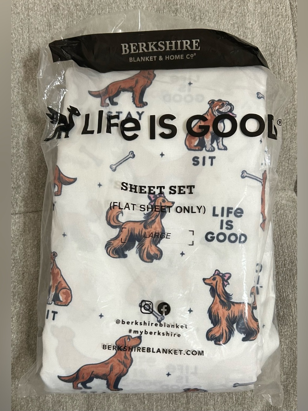 Life is Good White Dog Print Flat Sheet Only- Life is Good/Berkshire